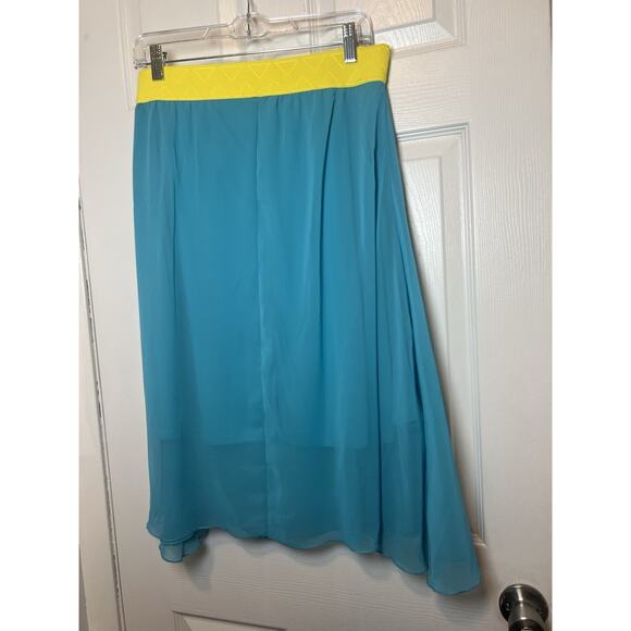 LuLaRoe Lola Skirt Size M Blue Yellow Sheer Lined Midi Skirt Elastic Waist Boho - Picture 3 of 8